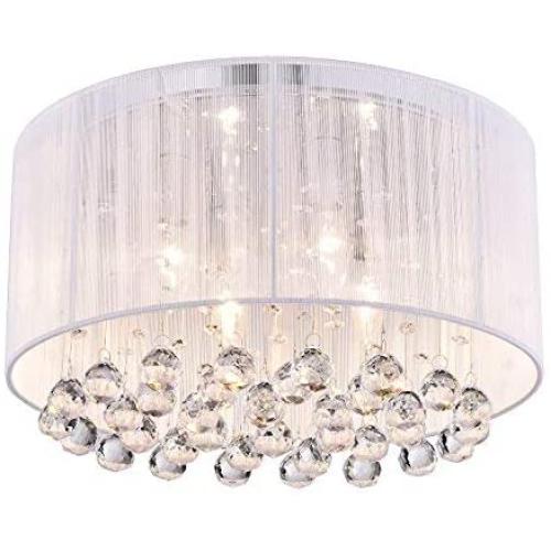Edvivi Belle 4-Light Chrome Finish with White Thread Wrapped Drum Shade Flush Mount Chandelier Ceiling Fixture with Hanging Crystals | Glam Lighting