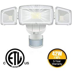 WHDZ 42W LED Security Light 3 Head Motion Sensor Light Outdoor LED Flood Light 3000LM 6000K Super Bright ETL Certified IP65 Waterproof 180° Illumination Range Human BOD