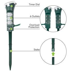 BN-LINK Outdoor Power Strip Yard Stake Timer(w Remote Control) with Photocell Dusk Till Dawn, or On at Dusk & 2, 4, 6, 8 Hour Countdown, 6 Grounded Outlets 6 ft Cord Weatherproof 1875W/15A ETL Listed