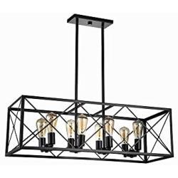 Jinzo Farmhouse Rectangle Chandelier Island Lighting 8-Lights High Linear Industrial Dining Room Chandelier with Rustic Metallic Open Frame Matte Black Hanging Kitchen Island Lighting Fixtures