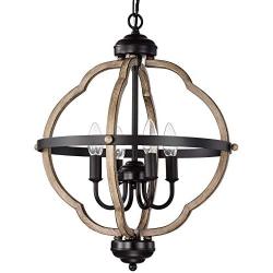 ACLand Farmhouse Chandelier, 4-Light Rustic Pendant Light Fixture Matte Black and Wood Texture Finish Industrial Metal Ceiling Hanging Lighting for Indoor Foyer Kitchen Island Dining Living Room