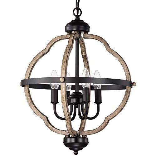 ACLand Farmhouse Chandelier, 4-Light Rustic Pendant Light Fixture Matte Black and Wood Texture Finish Industrial Metal Ceiling Hanging Lighting for Indoor Foyer Kitchen Island Dining Living Room