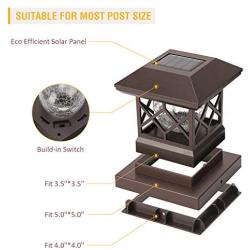 Twinsluxes Fence Post Cap Light, LED Solar Lights for Deck Posts, Solar Post Caps Light Outdoor for 3.5x3.5/4x4/5x5 Posts, Wood or Vinyl Fence Deck Post, Warm Light 4 Pack, Brown…