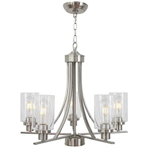 BONLICHT Traditional Chandelier Lighting 5 Light Brushed Nickel Modern Light Fixtures Hanging Pendant Lighting with Clear Glass Shade Classic Ceiling Lights for Kitchen Dining Room Living Room Island