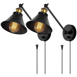 HAITRAL Sconces Wall Lighting-Dimmable Swing Arm Wall Lamps with On/Off Switch & Plug in Wall Mounted Lamps, Wall Sconces Set of 2 for Bedroom,Bedside,Living Room,Dorm- Black&Brass