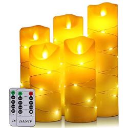 flameless Candle, with Embedded String Lights, DANIP 5-Piece LED Candles, with 10-Key Remote Control, 24-Hour Timer Function, Dancing Flame, Real Wax, Battery-Powered. (Ivory White)