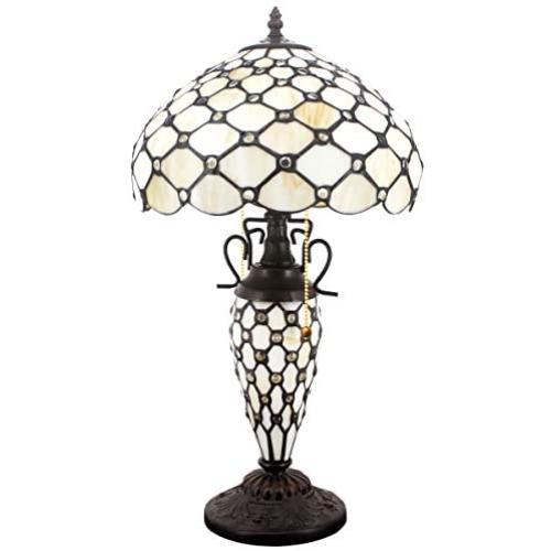 Tiffany Table Lamp W12H22 Inch Stained Glass Crystal Pear Bead Lampshade Antique Night Light Base S005 WERFACTORY Lamps Lover Girlfriend Living Room Bedroom Bedside Coffee Table Study Office Art Gift