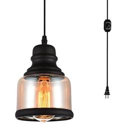 HMVPL Glass Hanging Lights with Plug in Cord and On/Off Dimmer Switch, Industrial Edison Vintage Swag Pendant Lamps for Kitchen Island Table Dining Room Bedroom Hallway