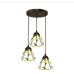 Tiffany Style Pastoral 3 Lights Pendant Lamp 10 Inch Vintage Green Leaves Stained Glass Shade E27 Ceiling Hanging Lights for Dining Room 110V-240