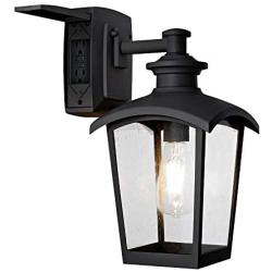 Home Luminaire 31703 Spence 1-Light Outdoor Wall Lantern with Seeded Glass and Built-in GFCI Outlets, Black