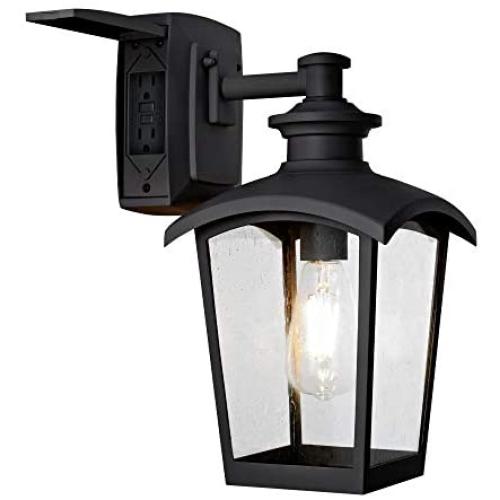 Home Luminaire 31703 Spence 1-Light Outdoor Wall Lantern with Seeded Glass and Built-in GFCI Outlets, Black