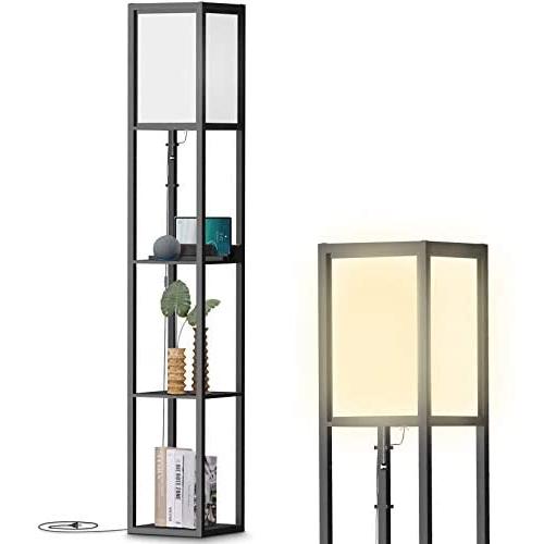 Floor Lamp with Shelves-Modern Tall LED Lamps with Charging Station-2 USB Ports& 1 Power Outlet - Lamps for Living Room, Bedrooms& Office-Black