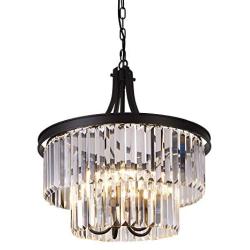 Wellmet Modern Crystal Chandelier, Contemporary 5 Light Wide Drum Hanging Pendant Chandelier with Prism Drop Shades, Farmhouse Ceiling Light Fixture for Kitchen, Dining Living Room, Bedroom, 20''W