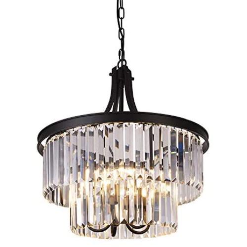 Wellmet Modern Crystal Chandelier, Contemporary 5 Light Wide Drum Hanging Pendant Chandelier with Prism Drop Shades, Farmhouse Ceiling Light Fixture for Kitchen, Dining Living Room, Bedroom, 20''W