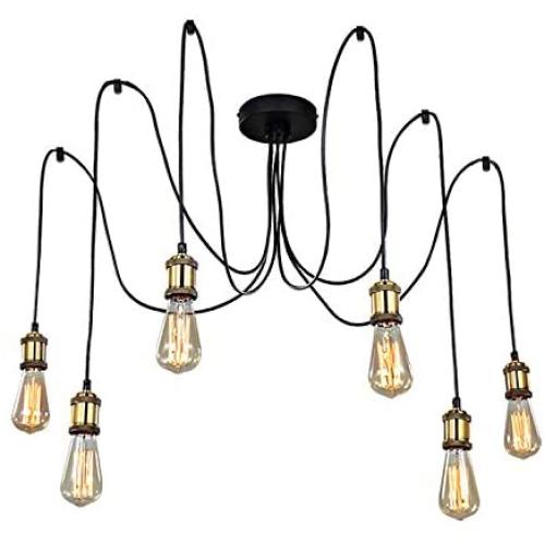 KARMIQI 6 Lights Industrial Chandelier Hanging Pendant Lighting, Adjustable Spider Ceiling Lighting Fixtures for Living Room Dining Bedroom Hall Hotel- Black