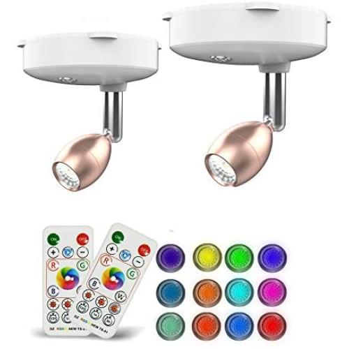 Wireless Spotlight, 2 Pack RGB Color Changing LED Accent Lights Puck Lights with Remote and AA Battary Powered Closet Light with Rotatable Lights Head Stick on Anywhere (Rose Gold)