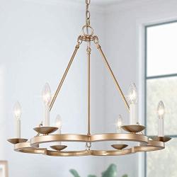 LOG BARN 6-Light Dining Room Chandelier Gold, Wagon Wheel Pendant Lighting for Kitchen Table, Vintage Gold Finish & Candle Style Bulbs, 23.5” Dia