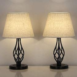 Table Lamp Set of 2, Nightstand Bedside Lamp for Bedroom, Black Marble Lamp Pairs with Linen Lampshade, Desk Reading Lamp for Living Room, Dressers