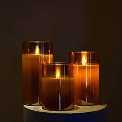 Flameless Led Candles Flickering, Yinuo Candle Real Wax Fake Wick Moving Flame Faux Wickless Pillar Battery Operated Candles with Timer Remote Glass Effect for Festival Wedding Home Party Decor