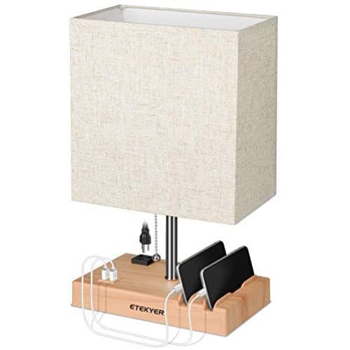 Table Lamp with USB Port and Outlet, Modern Bedside Lamp, Nightstand Lamps for Bedrooms, USB Desk Table Reading Lamp with Pull Chain Switch and Phone Stand for Living Room, Office