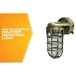 Woods L1707SVAB Traditional 100W Incandescent Weather Industrial Light, Suitable for Indoor and Outdoor Use, Wall Mount, Metal Die Cast Construction and Tempered Glass Lens, Antique Brass