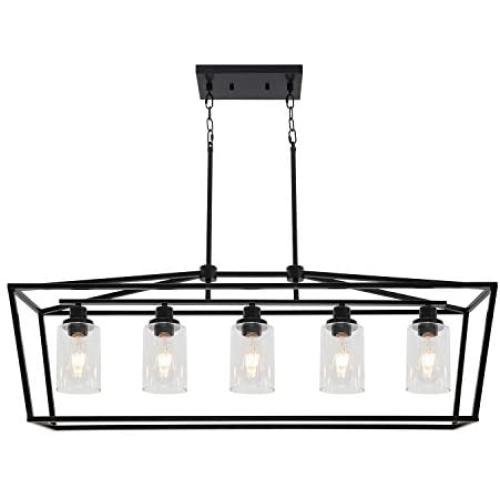 BONLICHT Farmhouse 5 Light Rectangle Dining Room Chandelier with Clear Glass Shade in Matte Black Finish,Classic Industrial Kitchen Island Pendant Hanging Lighting for Living Room Foyer BONLICHT Farmhouse 5 Light Rectangle Dining Room Chandelier with Clear Glass Shade in Matte Black Finish,Classic Industrial Kitchen Island Pendant Hanging Lighting for Living Room Foyer