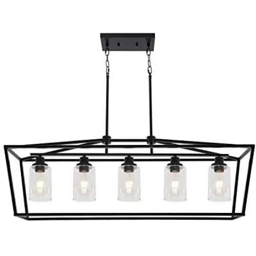 BONLICHT Farmhouse 5 Light Rectangle Dining Room Chandelier with Clear Glass Shade in Matte Black Finish,Classic Industrial Kitchen Island Pendant Hanging Lighting for Living Room Foyer