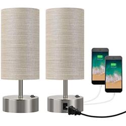 BOBOMOMO USB Bedside Table Lamp Set of 2 Desk Lamps 15 with 2 USB Charging Ports & 1 AC Outlet Nightstand Lamp for Bedroom Living Room Study Room Silver & Grey