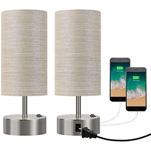 BOBOMOMO USB Bedside Table Lamp Set of 2 Desk Lamps 15 with 2 USB Charging Ports & 1 AC Outlet Nightstand Lamp for Bedroom Living Room Study Room Silver & Grey