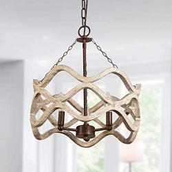 Farmhouse Wood Drum Chandelier with 3-Light, Geometric Hollow Design, Cottage Wooden Pendant Ceiling Lighting for Dining Room, Living Room, Foyer