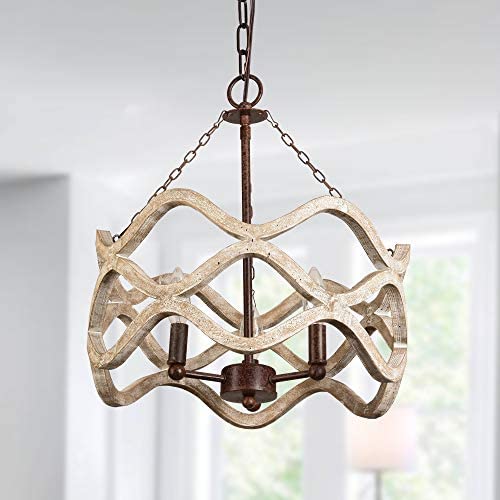 Farmhouse Wood Drum Chandelier with 3-Light, Geometric Hollow Design, Cottage Wooden Pendant Ceiling Lighting for Dining Room, Living Room, Foyer