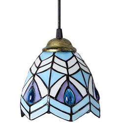 LITFAD Peacock Style Blue Stained Glass Tiffany LED Pendant Lighting One-Light Mini Ceiling Hanging Light for Dining Room Restaurant Coffee Shop Bar