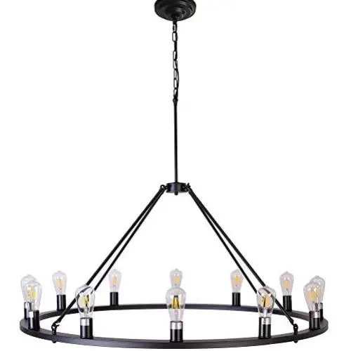 OSAIRUOS W47 Vintage Rustic Rod Iron Chandelier Farmhouse Ceiling Pendant Chandeliers Lighting Fixture Industrial Decor Round Island 12 Lights for Living Room Hotel Church Cafe Shops, Painted Black