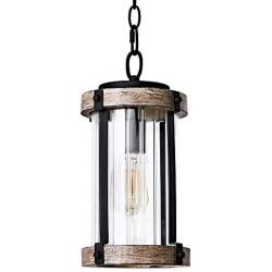 MOTINI Outdoor Pendant Light Fixture for Porch, 1-Light Exterior Hanging Lantern in Black and Wood Finish with Clear Ribbed Glass, Bulb Included