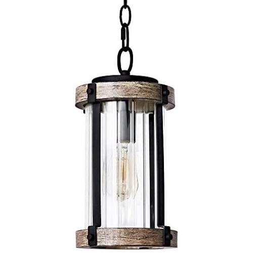 MOTINI Outdoor Pendant Light Fixture for Porch, 1-Light Exterior Hanging Lantern in Black and Wood Finish with Clear Ribbed Glass, Bulb Included