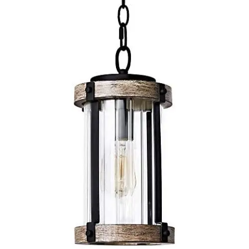 MOTINI Outdoor Pendant Light Fixture for Porch, 1-Light Exterior Hanging Lantern in Black and Wood Finish with Clear Ribbed Glass, Bulb Included