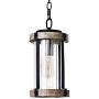 MOTINI Outdoor Pendant Light Fixture for Porch, 1-Light Exterior Hanging Lantern in Black and Wood Finish with Clear Ribbed Glass, Bulb Included