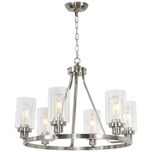 MELUCEE 6 Lights Round Chandelier Brushed Nickel Island Lighting Dining Room Lighting Fixtures Hanging Glass Pendant Light for Kitchen Living Room Bedroom