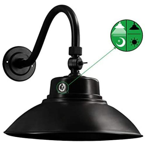 Black LED Gooseneck Barn Light 14 Inch Dusk to Dawn Sensor Classic Steel Shade 42W 4200lm 6000K Wall Porch Light with Photocell Outdoor Gooseneck Farmhouse Lighting Fixture