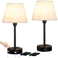 ZEEFO Touch Control Table Lamp Built in Dual USB Ports & AC Outlet, White Fabric Shade 3 Way Dimmable USB Nightstand Lamp,Two Edison LED Bulbs Included Bedside Lamps for Bedroom, Living Room (2 Pack)