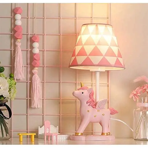 LITFAD Modern Bedside Table Lamp Girl Bedroom Unicorn Desk Light Resin 1 Light Animal Pink LED Reading Lamp with Plug in Cord for Bedroom Kids Room Office - Triangle
