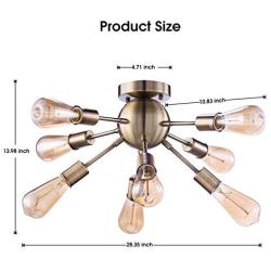 Vintage Semi Flush Mount Ceiling Light with 8 UL Sockets, Elibbren E26 Base Modern Antique Bronze Sputnik Industrial Ceiling Lamp Fixture for Kitchen Dining Room Bedroom Study Living Room