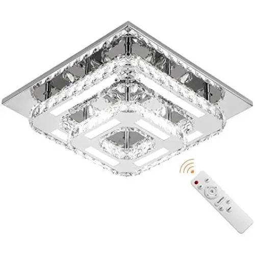 Modern Crystal Ceiling Light with Dimmable Remote Control, Stainless Steel Luxury Flush Mount LED Chandeliers Ceiling Light Fixture, Ideal for Dining Room, Bedroom, Hallway, Living Room