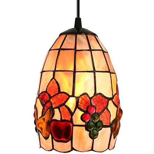 LITFAD Tiffany LED Pendant Lighting Fruit Pattern Shell Bell Shade One Light Mini Pendant Lamp Ceiling Hanging Light for Dining Room Restaurant Coffee Shop Bar