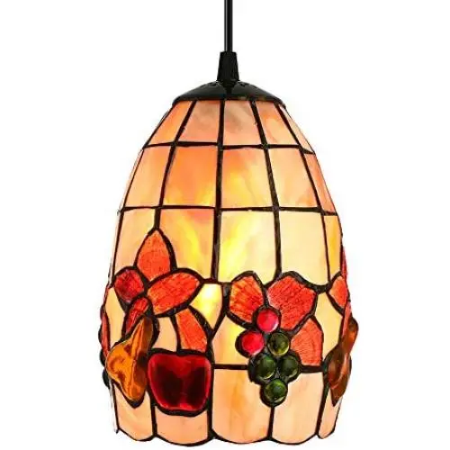 LITFAD Tiffany LED Pendant Lighting Fruit Pattern Shell Bell Shade One Light Mini Pendant Lamp Ceiling Hanging Light for Dining Room Restaurant Coffee Shop Bar
