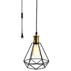 Pauwer Wire Cage Pendant Light Plug in Vintage Pendant Light with On/Off Switch (Black B)