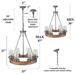 LNC Farmhouse Chandelier Wood Round Wagon Wheel 6-Light Fixture with Seeded Glass Shades for Dining & Living Room, Bedroom, Kitchen and Foyer, Brown