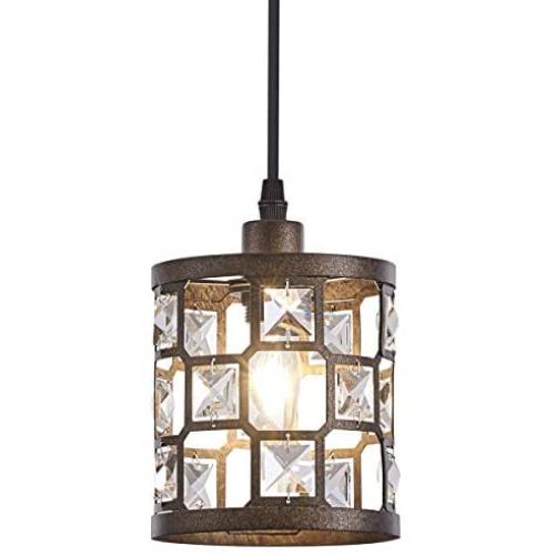 Industrual Mini Pendant Light Bronze, 1-Light with Metal and Crystal Lampshade, Small Hanging Light Fixture for Kitchen, Dining Room, Bedroom and Entryway