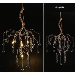 LAKIQ Modern Crystal Chandelier Light Gold Metal Twig Hanging Pendant Lighting Fixture Teardrop-Shaped Modern Linear Crystal Chandelier Elegant Style for Dining Table Living Room Kitchen (4 Lights)