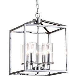 Maxax 4-Lights Lantern Chandelier Square Dining Room Light Fixture Hanging with Adjustable Hanging Height for Dining Living Room Foyer Office, Chrome Finish